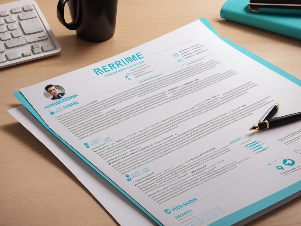 1. A professional resume is showcased on a desk alongside a pen and keyboard, ready for editing and submission.