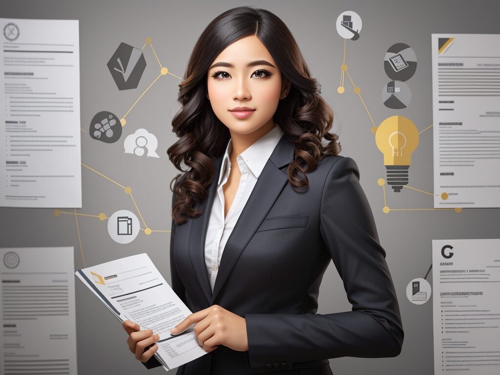 1. A professional businesswoman confidently holds a resume and business cards, showcasing her qualifications and achievements for potential opportunities.