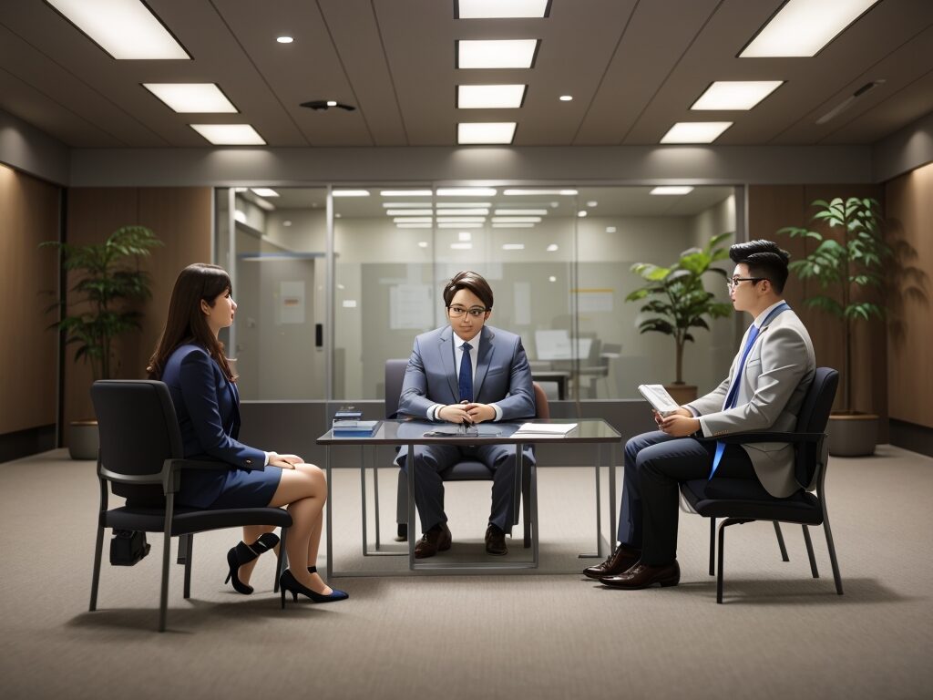 1. Three professionals engaged in a meeting, seated around a table in a formal office setting.
