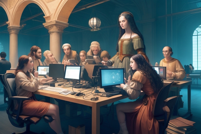 1. A woman sits at a desk surrounded by a group of people, depicted in a painting titled "Most Demanding IT Jobs of 2023".